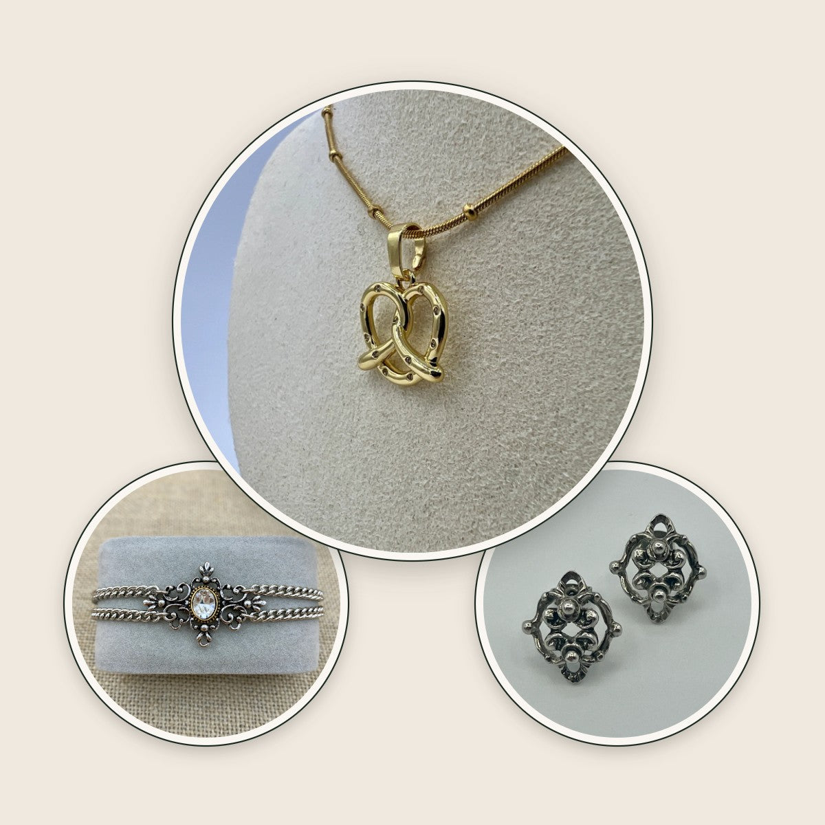 Halskette Brezn, Trachtenarmband und Ornament-Ohrstecker