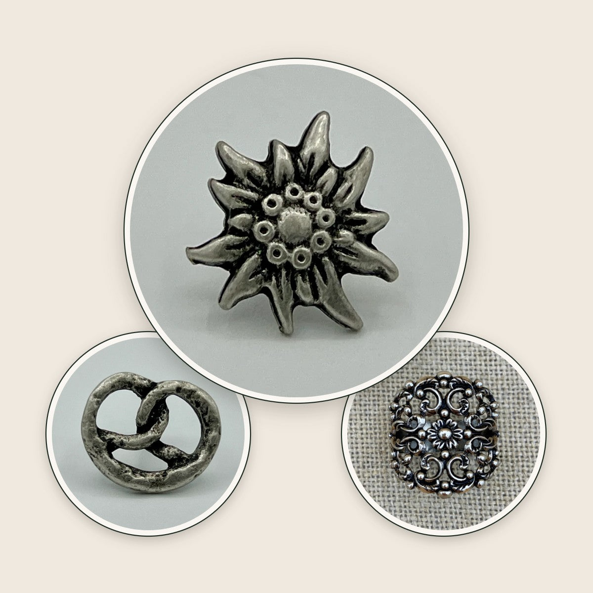 Edelweiß-Anstecknadel, Brezel-Pin und filigraner Krawattenring