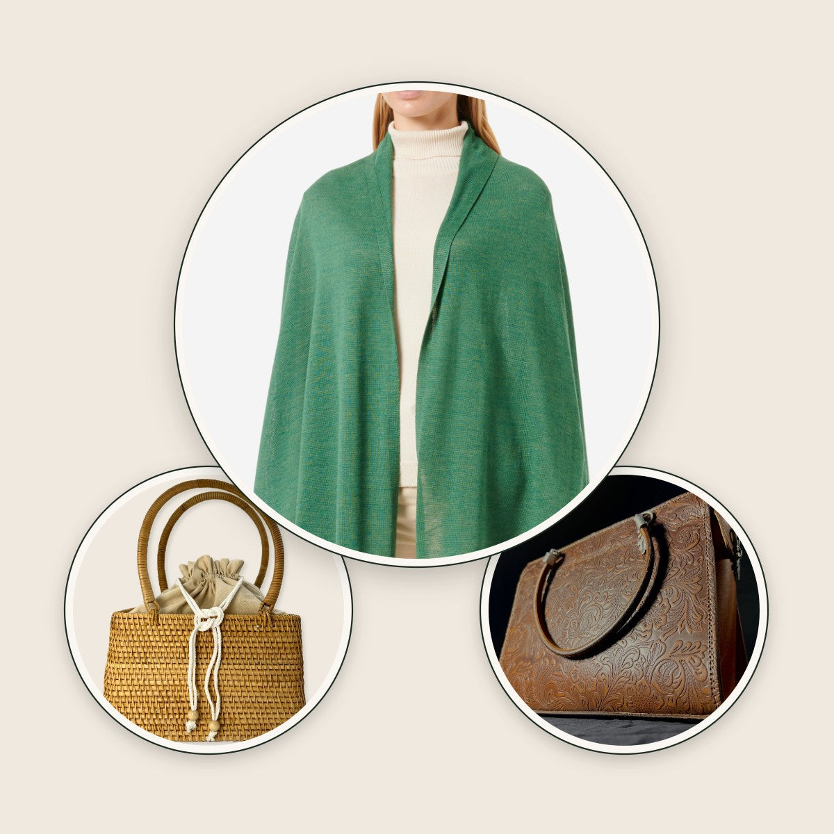 Strickstola, Rattantasche und Ledertasche