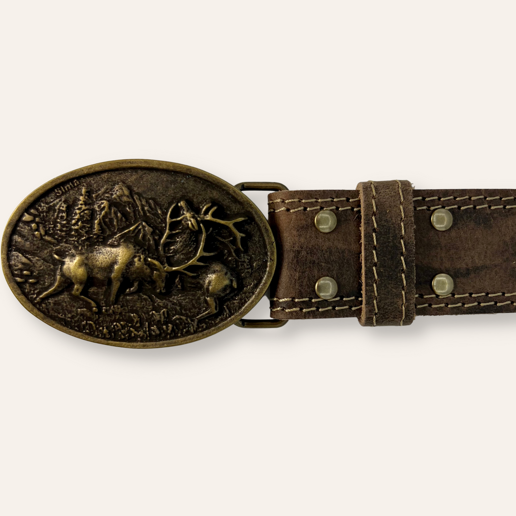 Ledergürtel „Weidmann“ mit Gürtelschnalle in Altmessing mit Hirschmotiv
