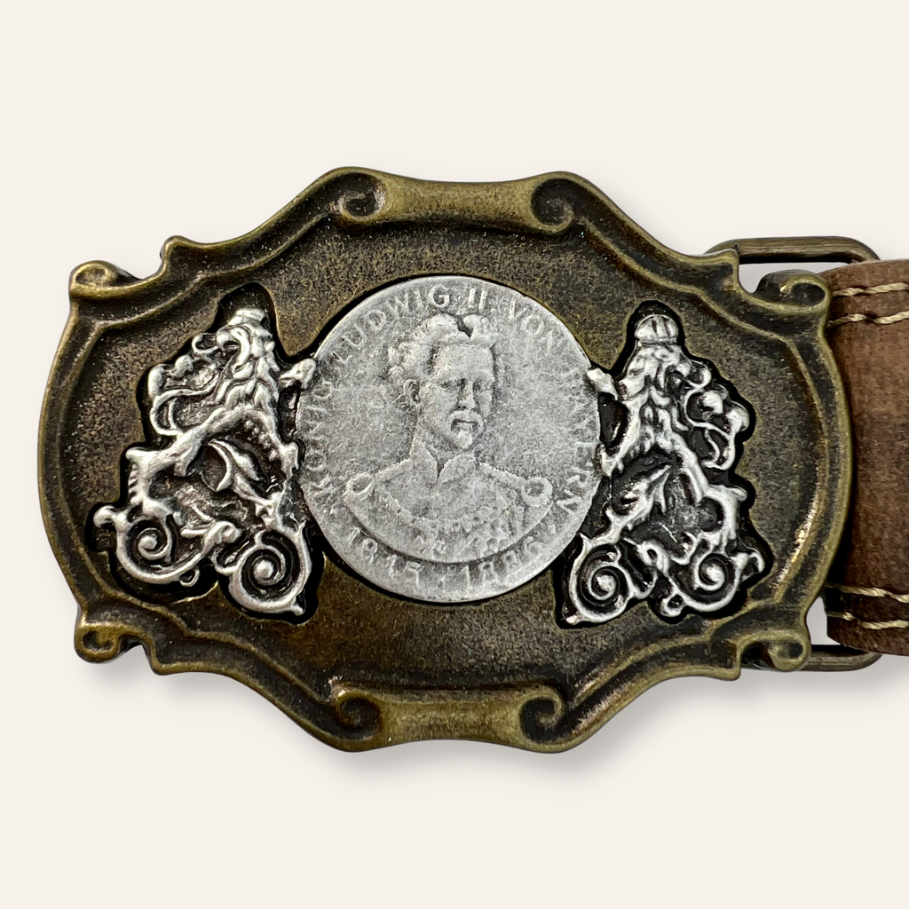 Gürtel „König Ludwig II.“, zweifarbige Gürtelschließe mit Porträt an Lederriemen