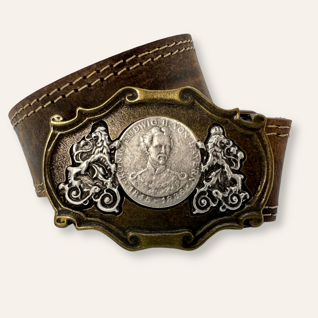 Gürtel „König Ludwig II.“, zweifarbige Gürtelschließe mit Porträt an Lederriemen