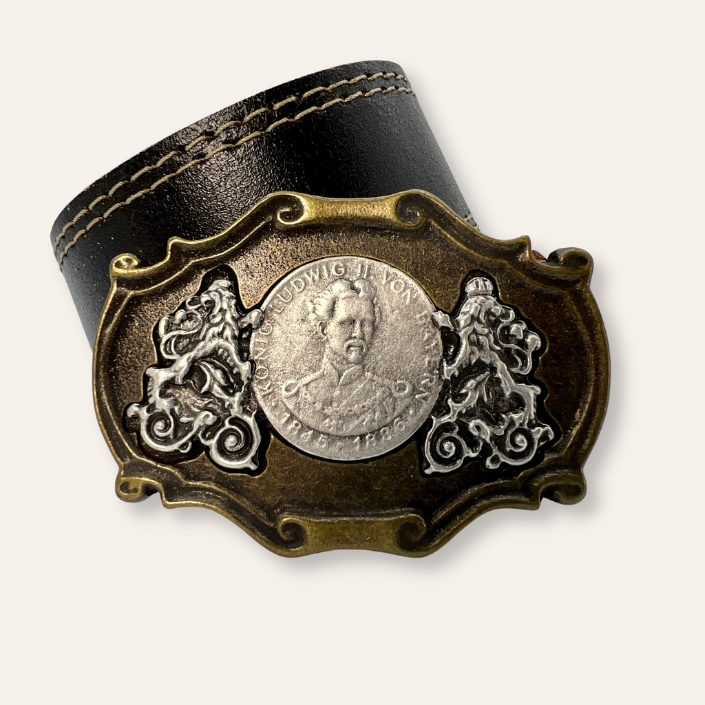 Gürtel „König Ludwig II.“, zweifarbige Gürtelschließe mit Porträt an Lederriemen
