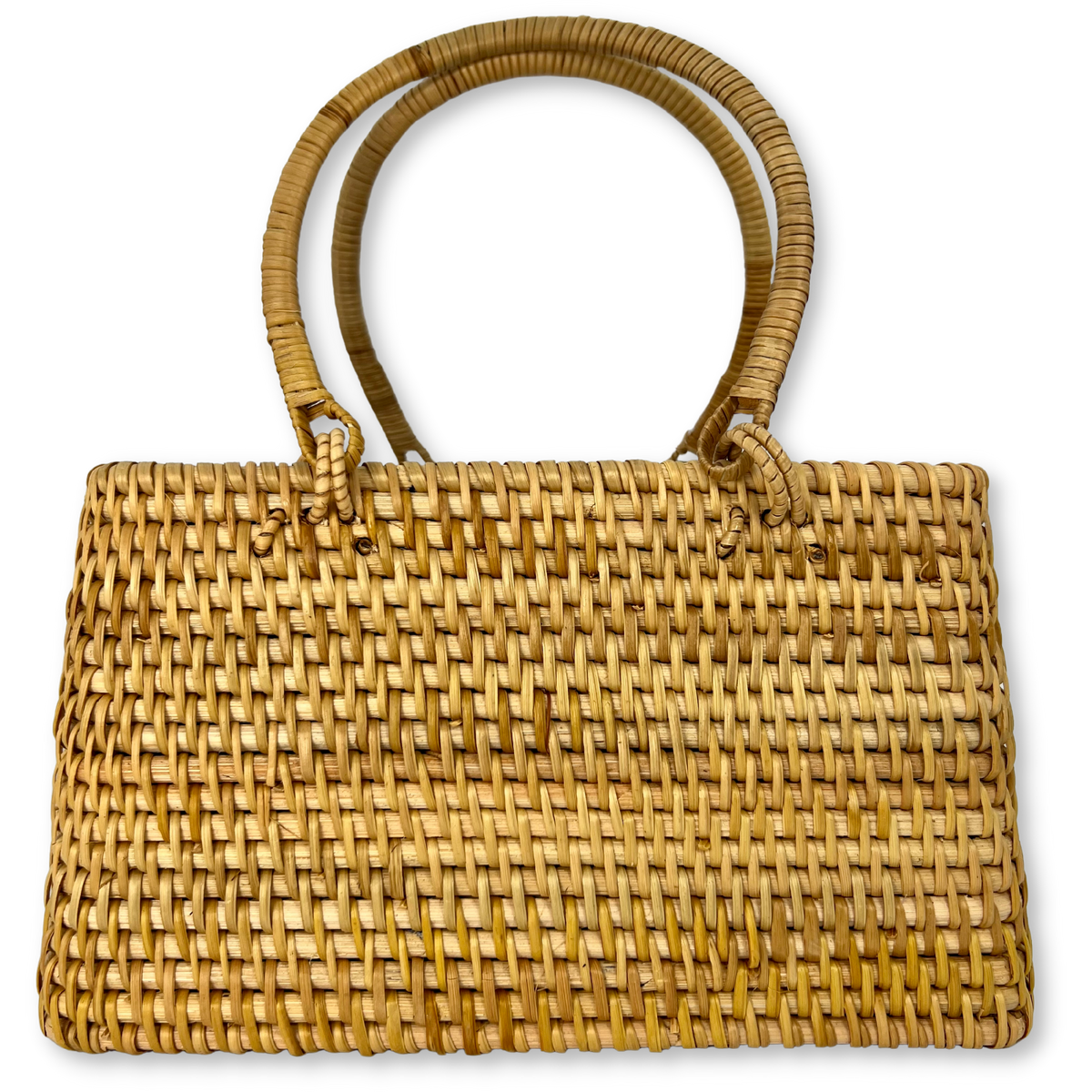 Handgeflochtene Rattantasche „Elegant“ in Cognac mit Henkel und dunkelblauem Futter