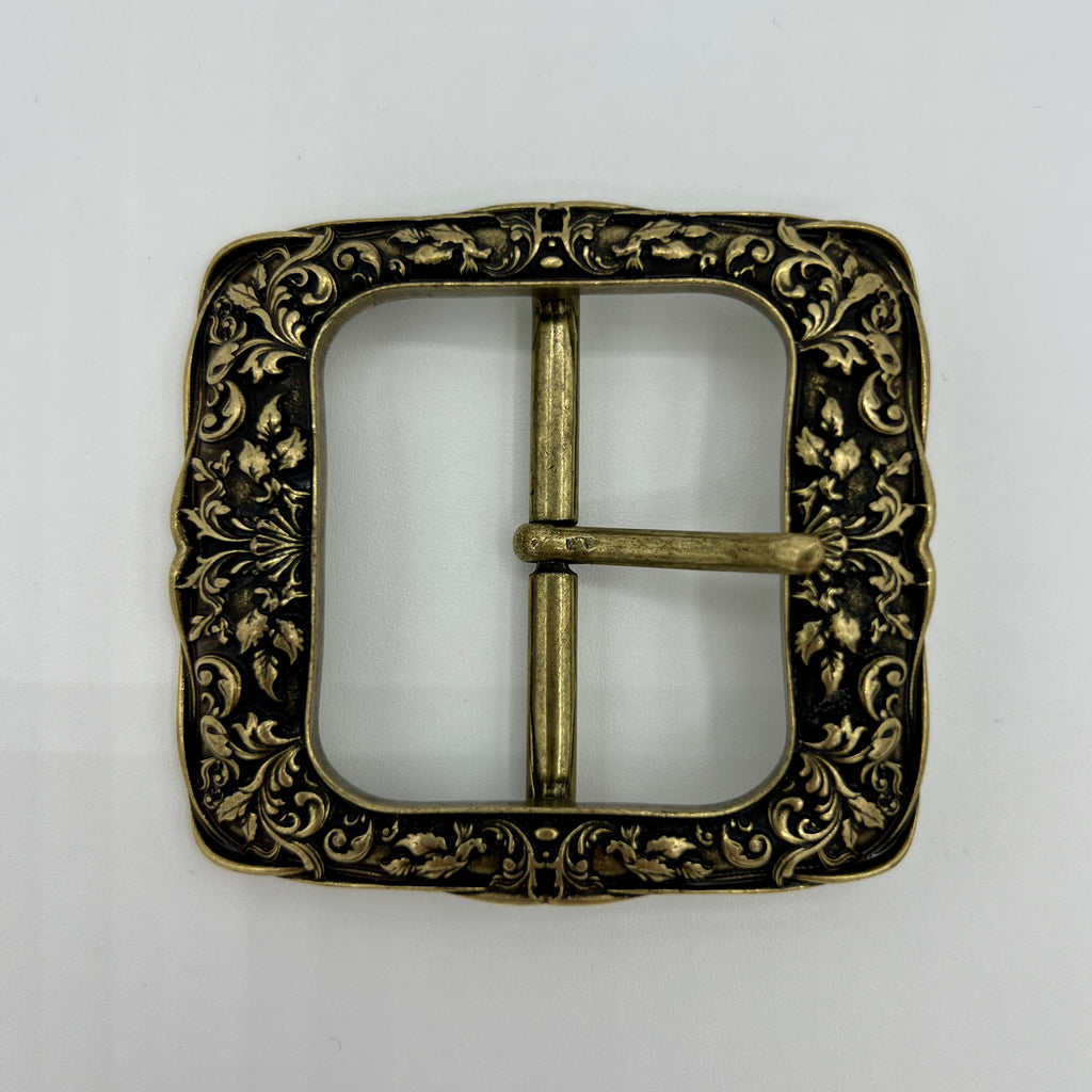 Gürtelschnalle mit Ranken-Ornament und 5 cm Steg in Altmessing
